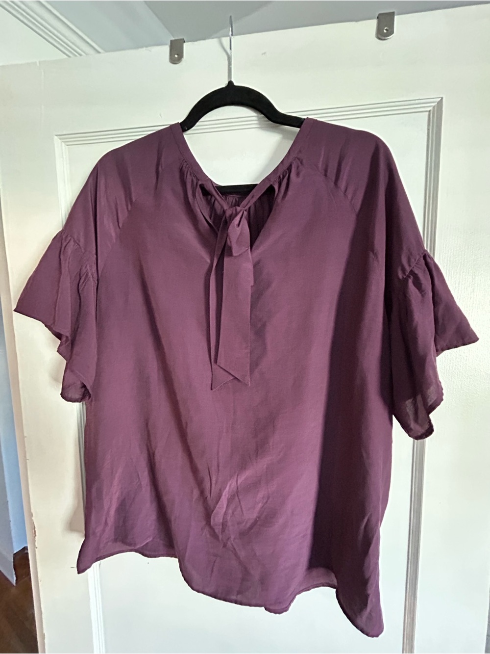 LOFT Plum Tie-Neck Ruffle Sleeve Blouse